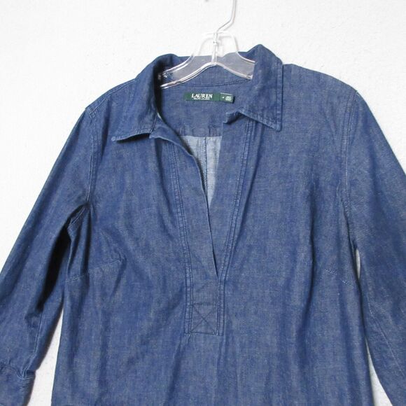 Lauren Ralph Lauren Shirt Dress  4 Blue Chambray Popover‎ Pockets Cotton - Picture 3 of 11